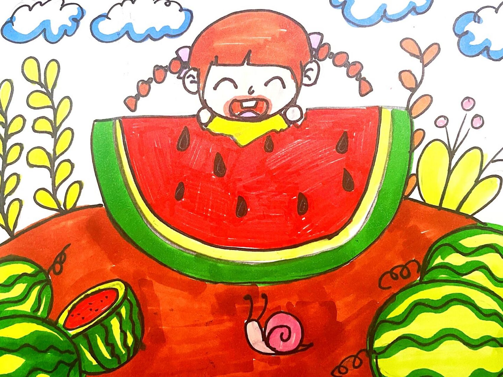 吃西瓜儿童画 #马克笔# #卡通画# #儿童画# #西瓜儿童画