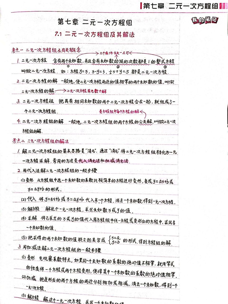 二元一次方程组及其解法 这是衡水中学的学霸笔记.