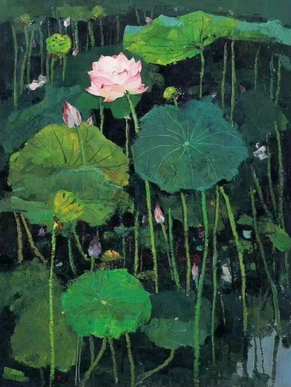 画坛巨匠吴冠中先生喜欢画荷花,他最初是学油画的,用油画的形式表现出