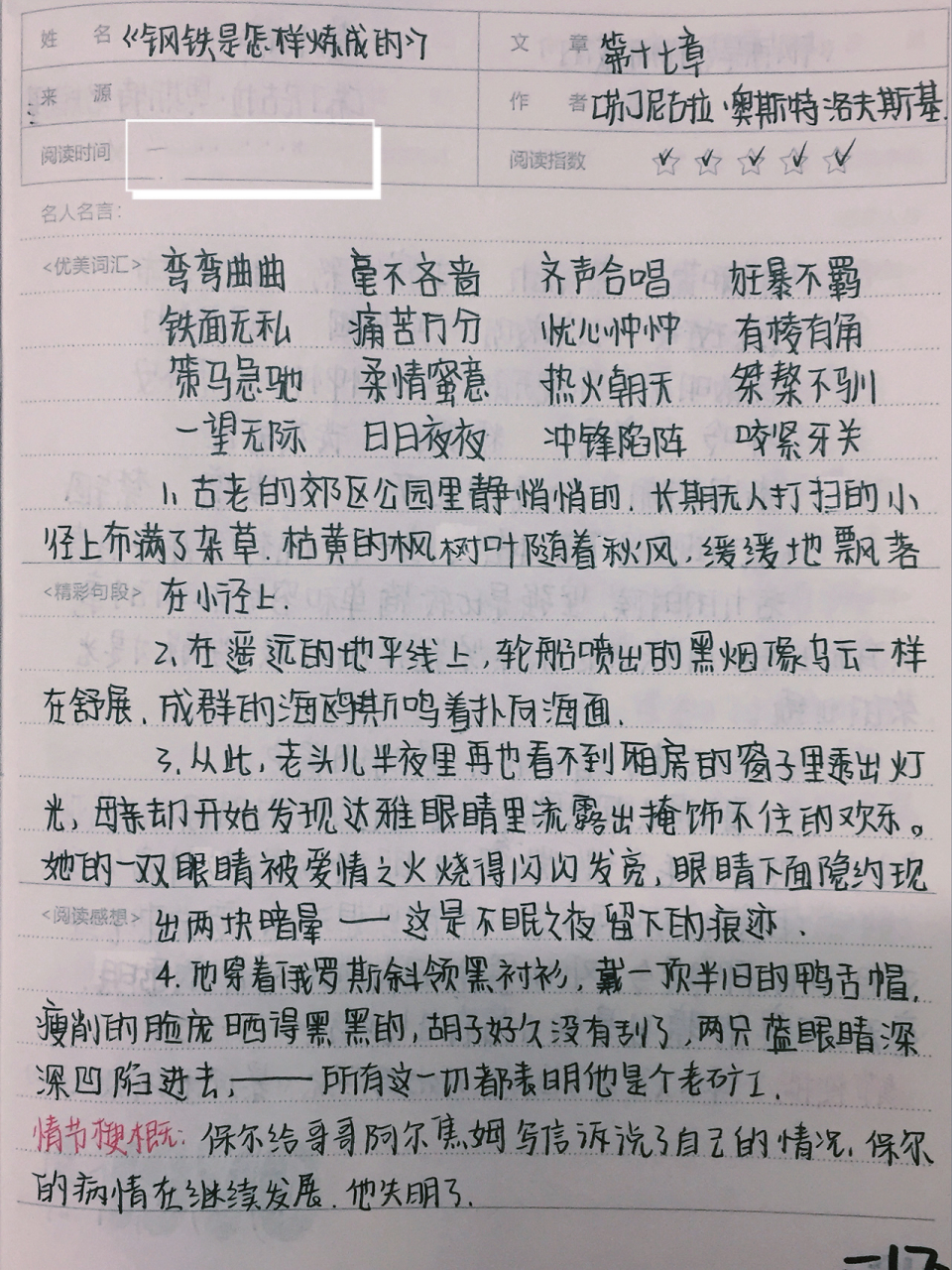 《钢铁是怎样炼成的》第17章 读书笔记 《钢铁是怎样炼成的》第17章
