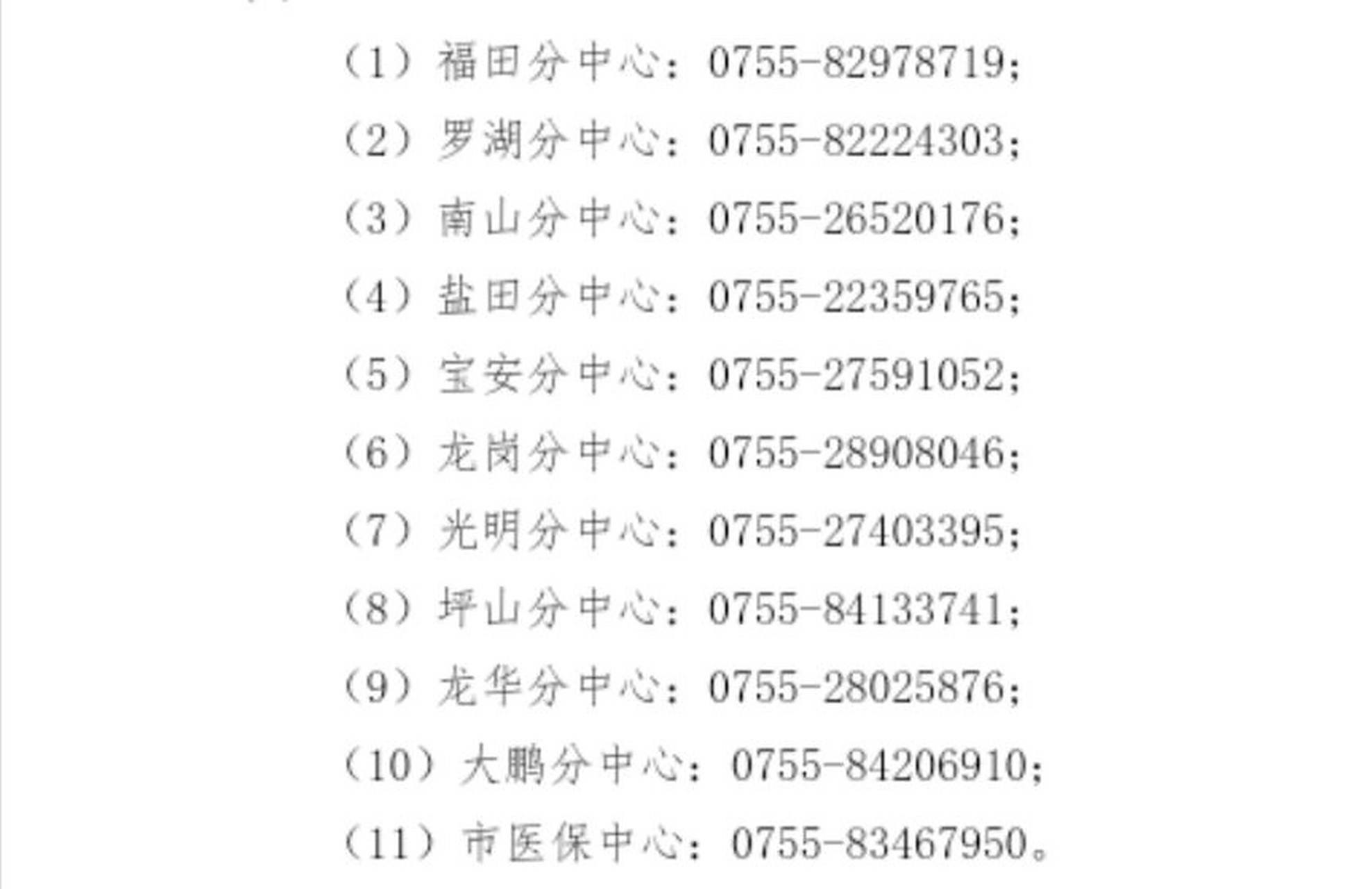 深圳市各区社保局和医保局电话,需要可自取 福田分局:82978745南山