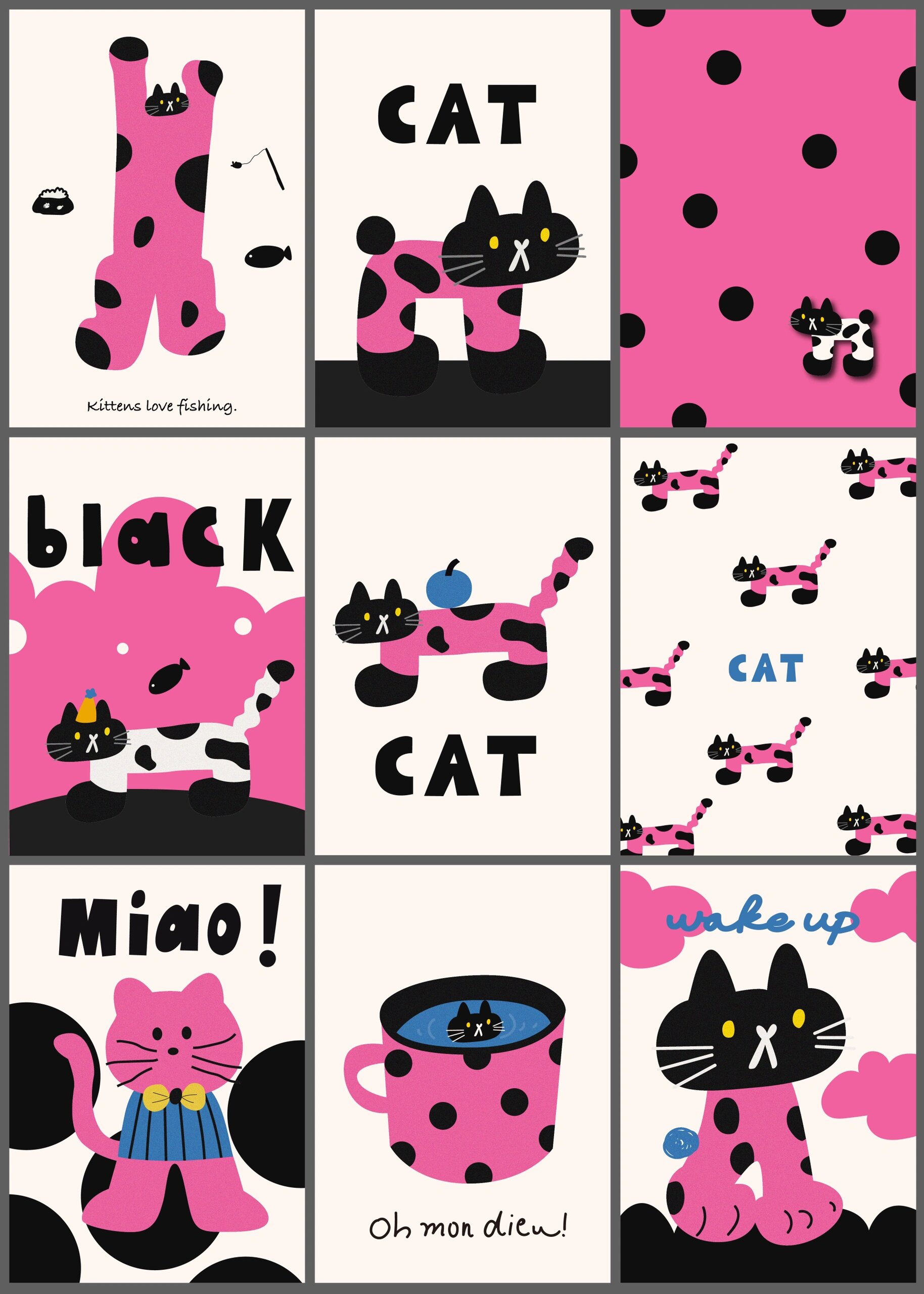 小猫爱钓鱼|多巴胺小猫卡通图案设计91