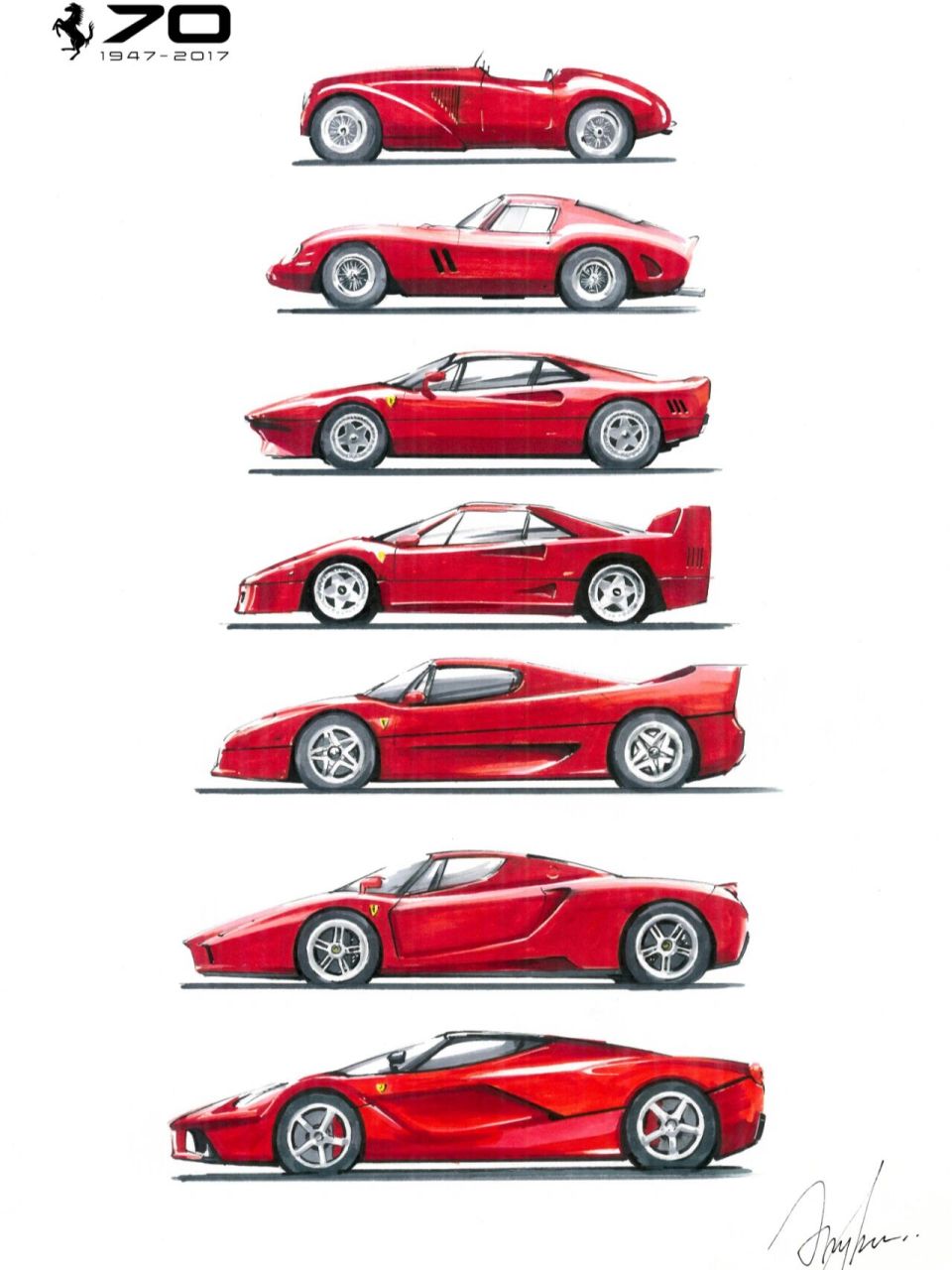 画7辆车,致敬法拉利70周年 17年画的了,现在才拿来发,哈哈哈.