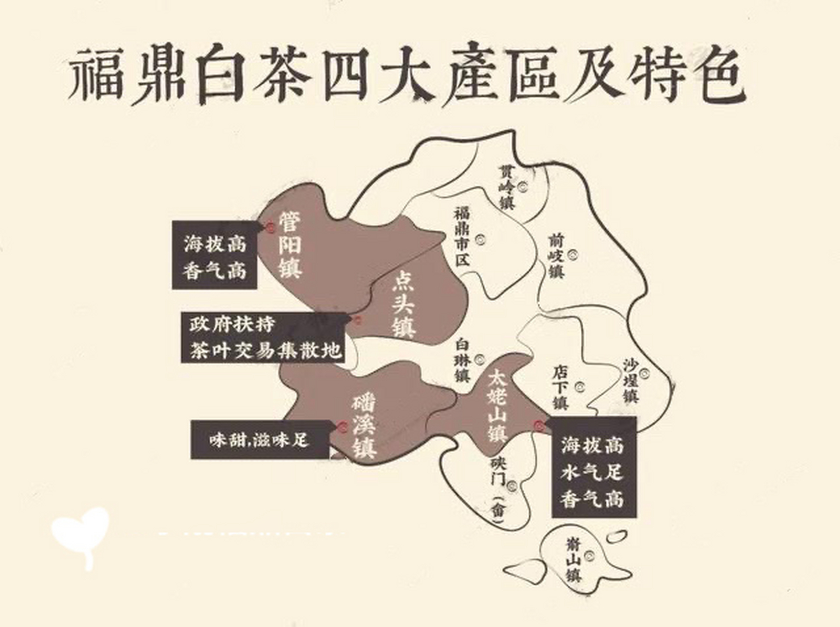 一,磻溪 磻溪镇是福鼎白茶最优质茶的"出生地",最为正宗原始的发源地