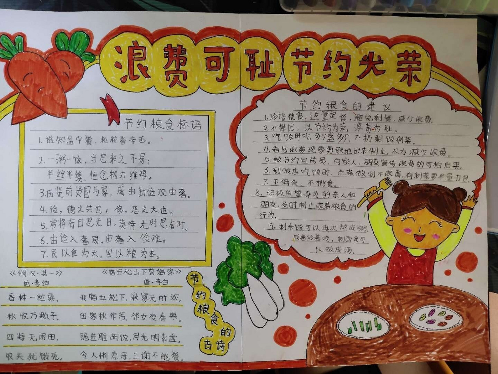 弘扬节俭美德 杜绝粮食浪费 熙熙的手抄报在学校得了全年级"二等奖"