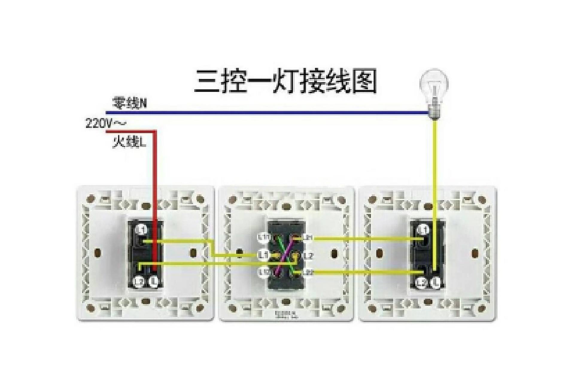 一灯三控开关接线图解 一灯三控 2个单开双控开关面板,1个单开多控