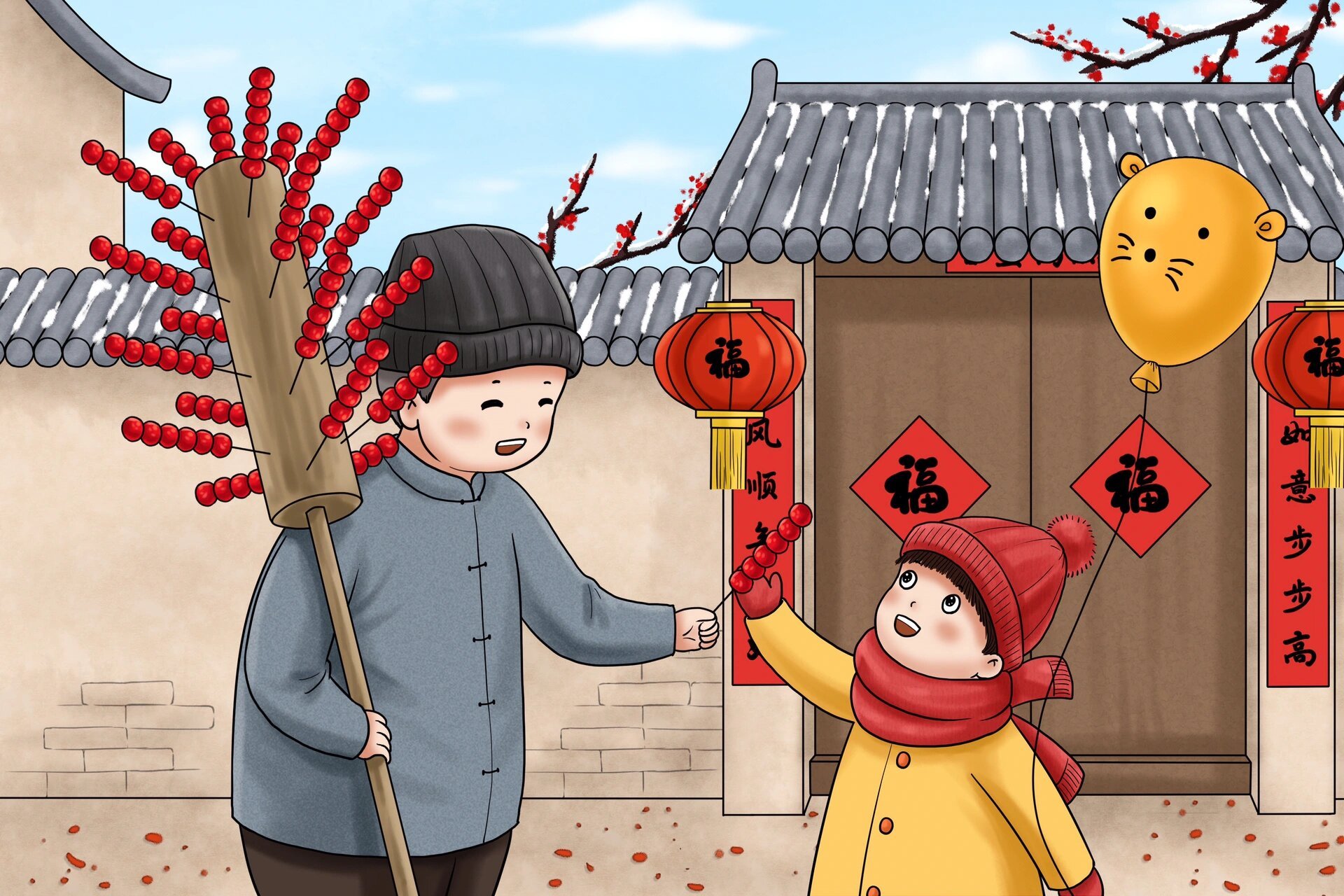 插画|贴春联是春节非常开心的事 又快到年低了,一年最值得期待的日子