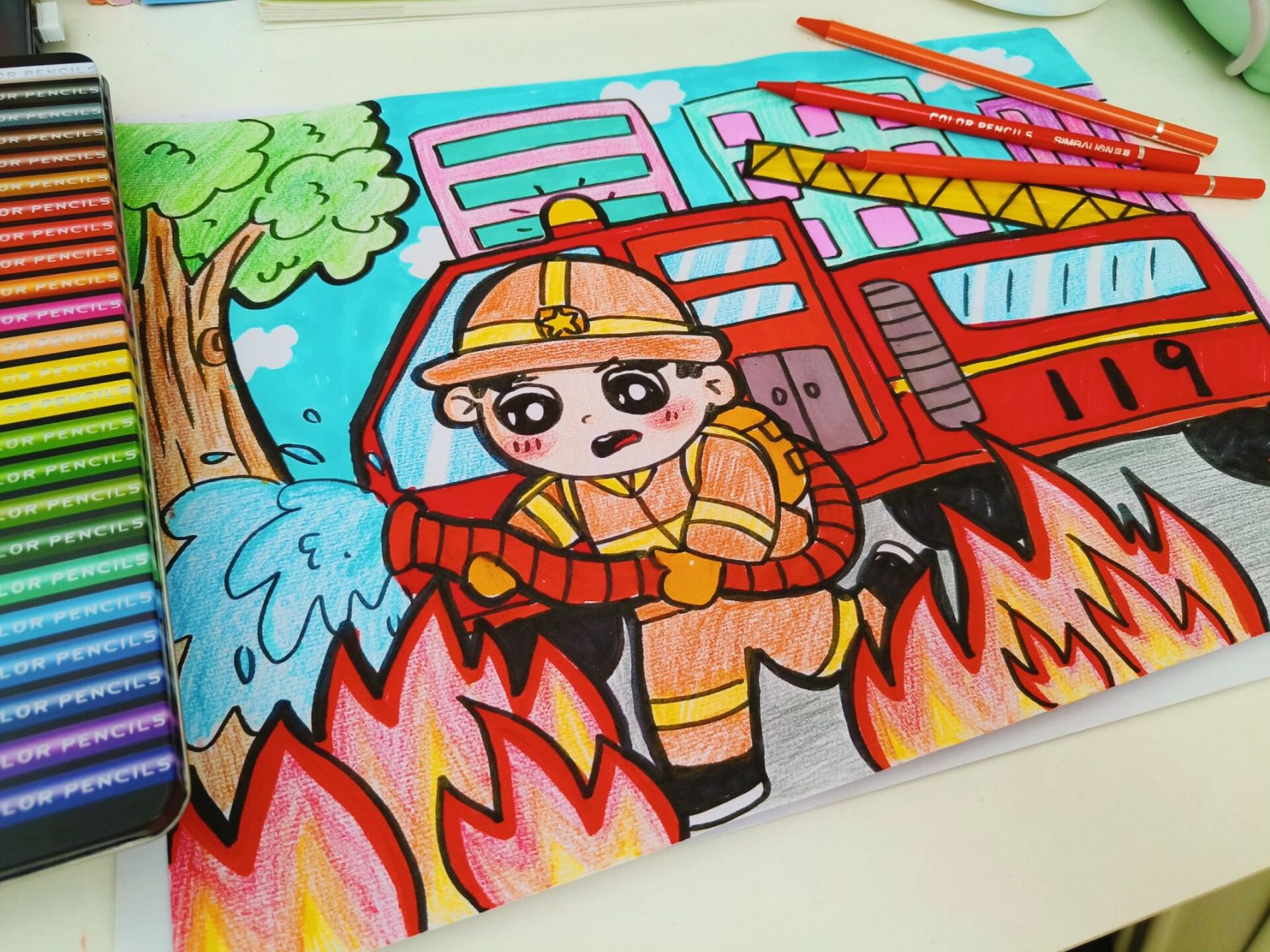幼儿主题画《消防安全》《消防员》 幼儿园考编主题画 上色工具:雄狮
