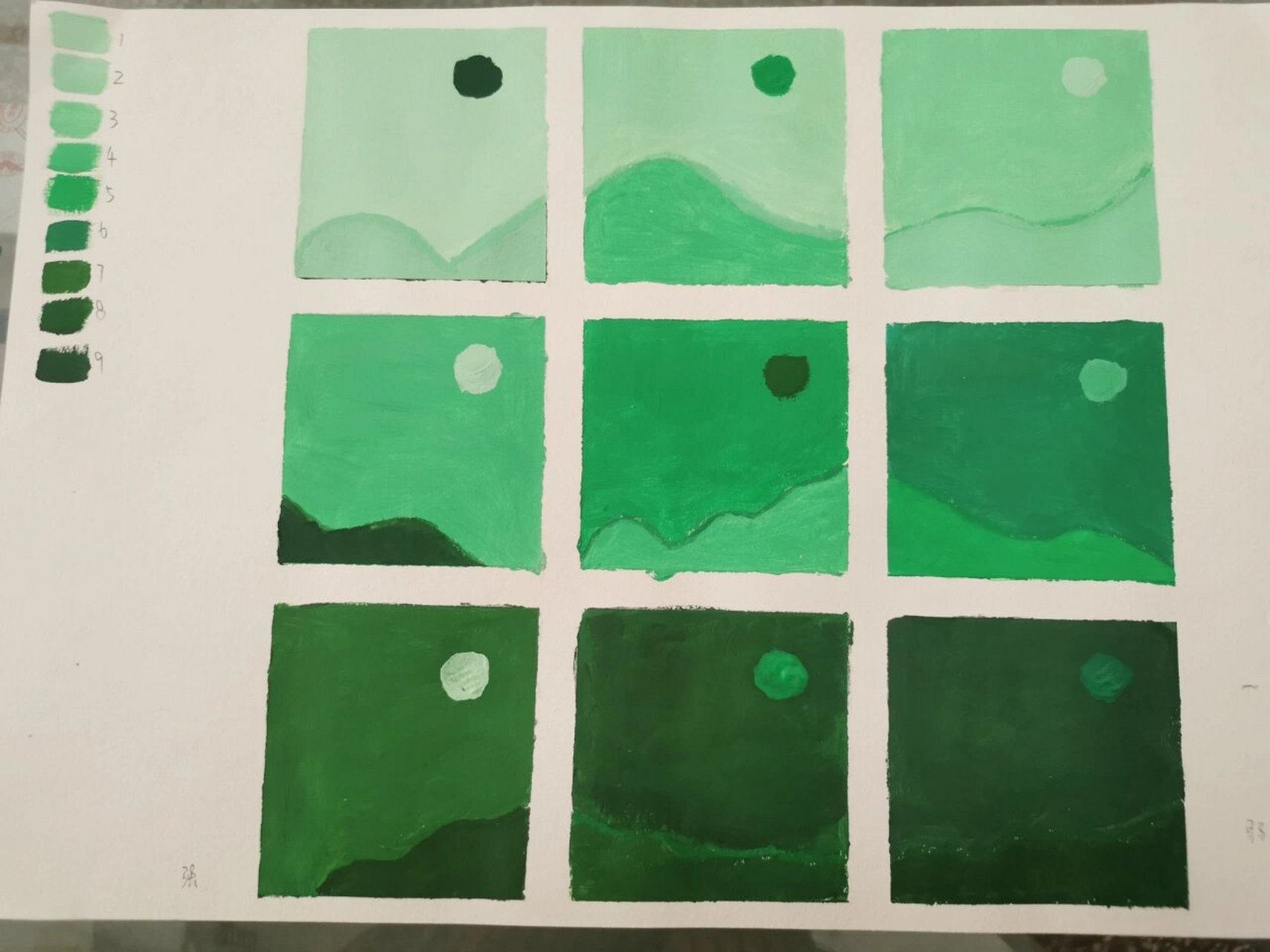 明度9调九宫格 布置的作业 第一幅有叶子的画到我崩溃 回家后又慢慢