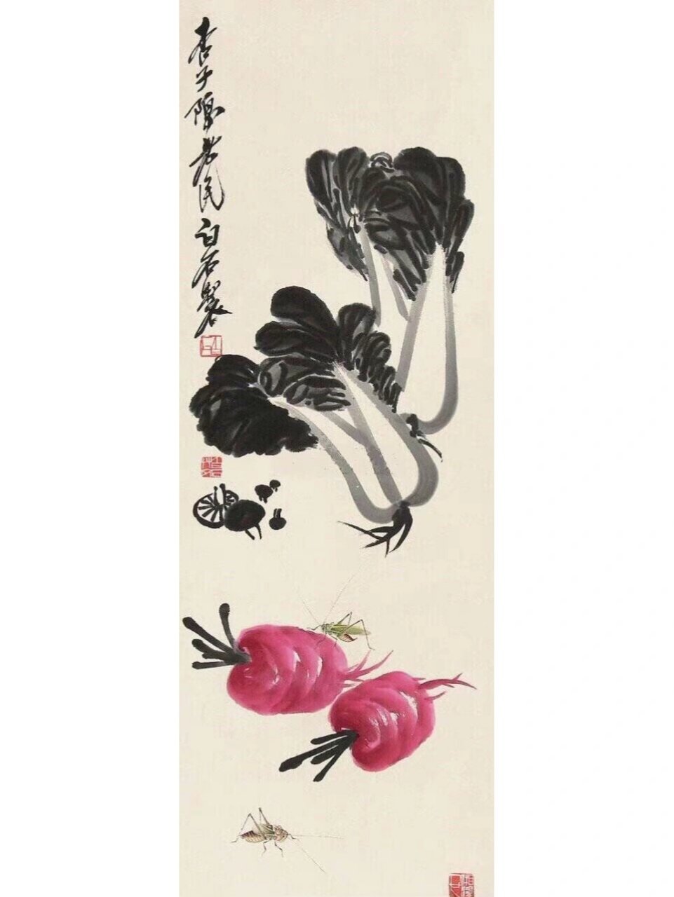 齐白石擅长画白菜 他把白菜推为菜中之王,他抓住白菜肥大,嫩白,脆绿的