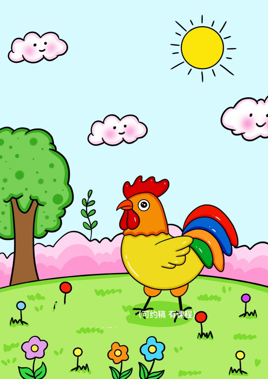 大公鸡儿童画 高傲的公鸡创意画 合适小龄段晚上的公鸡93儿童画
