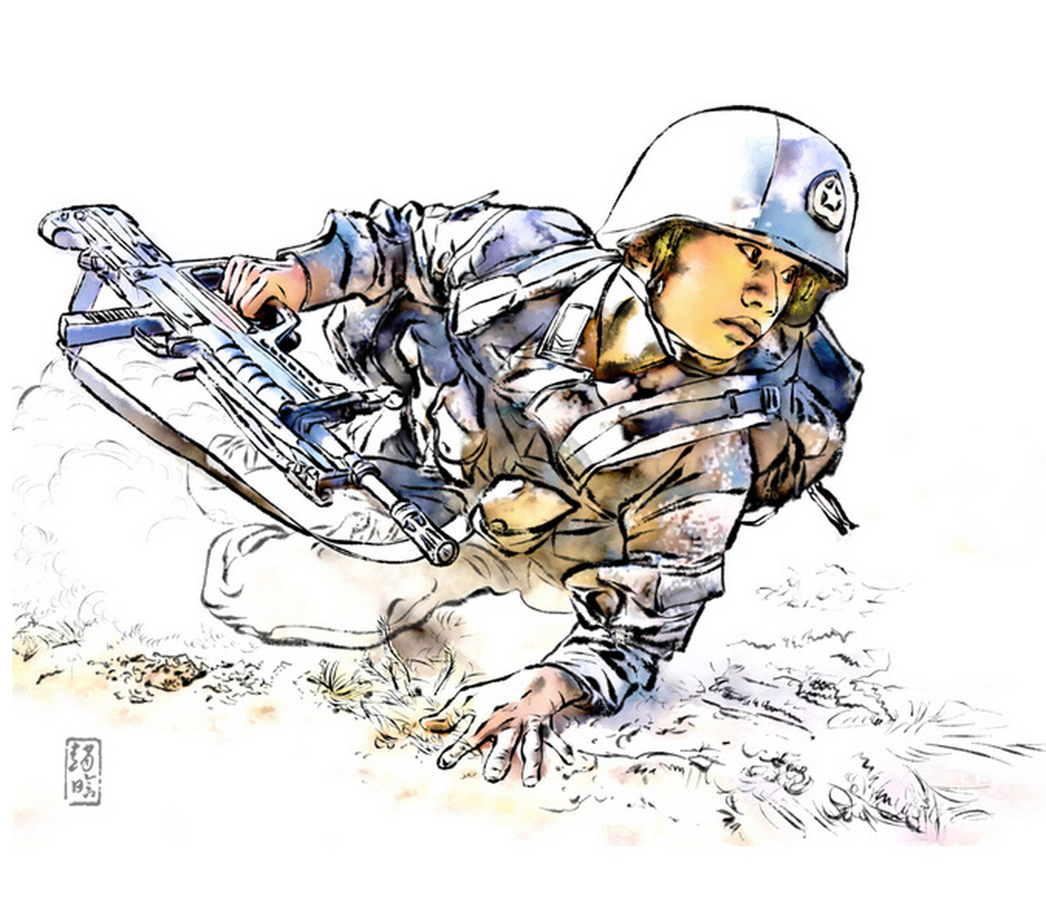 《解放军训练图》 钢笔淡彩人物画 速写
