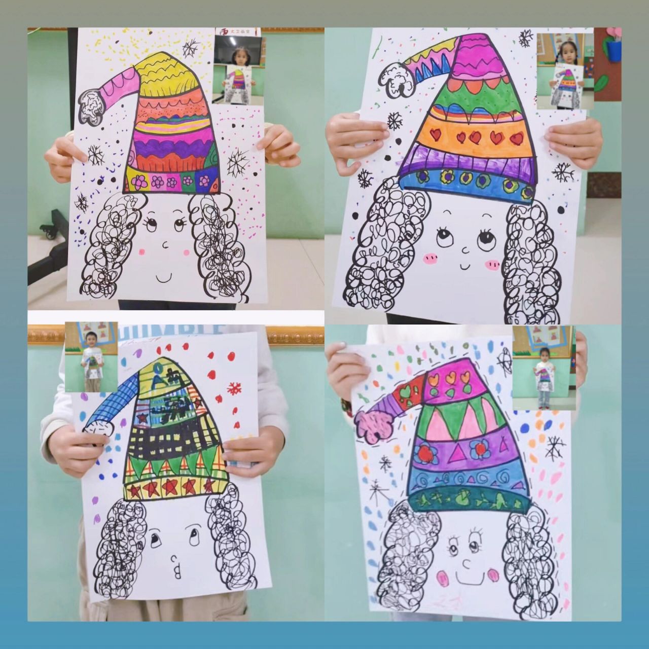 幼儿园中班大班绘画(戴帽子的小女孩) 课时:一小时工具:黑色勾线笔