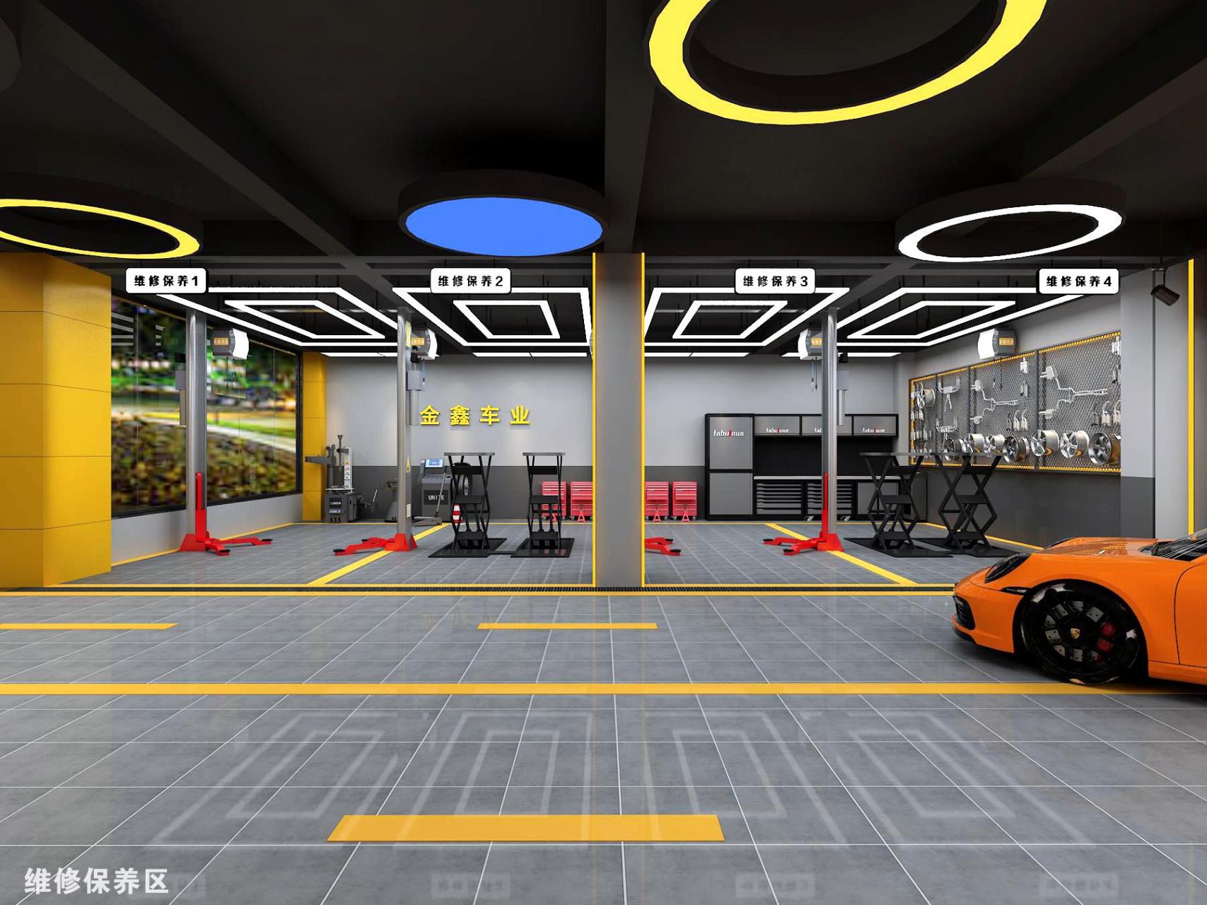 金鑫车业汽车改装店效果图设计,星达设计师在设计上采用黄色系为主