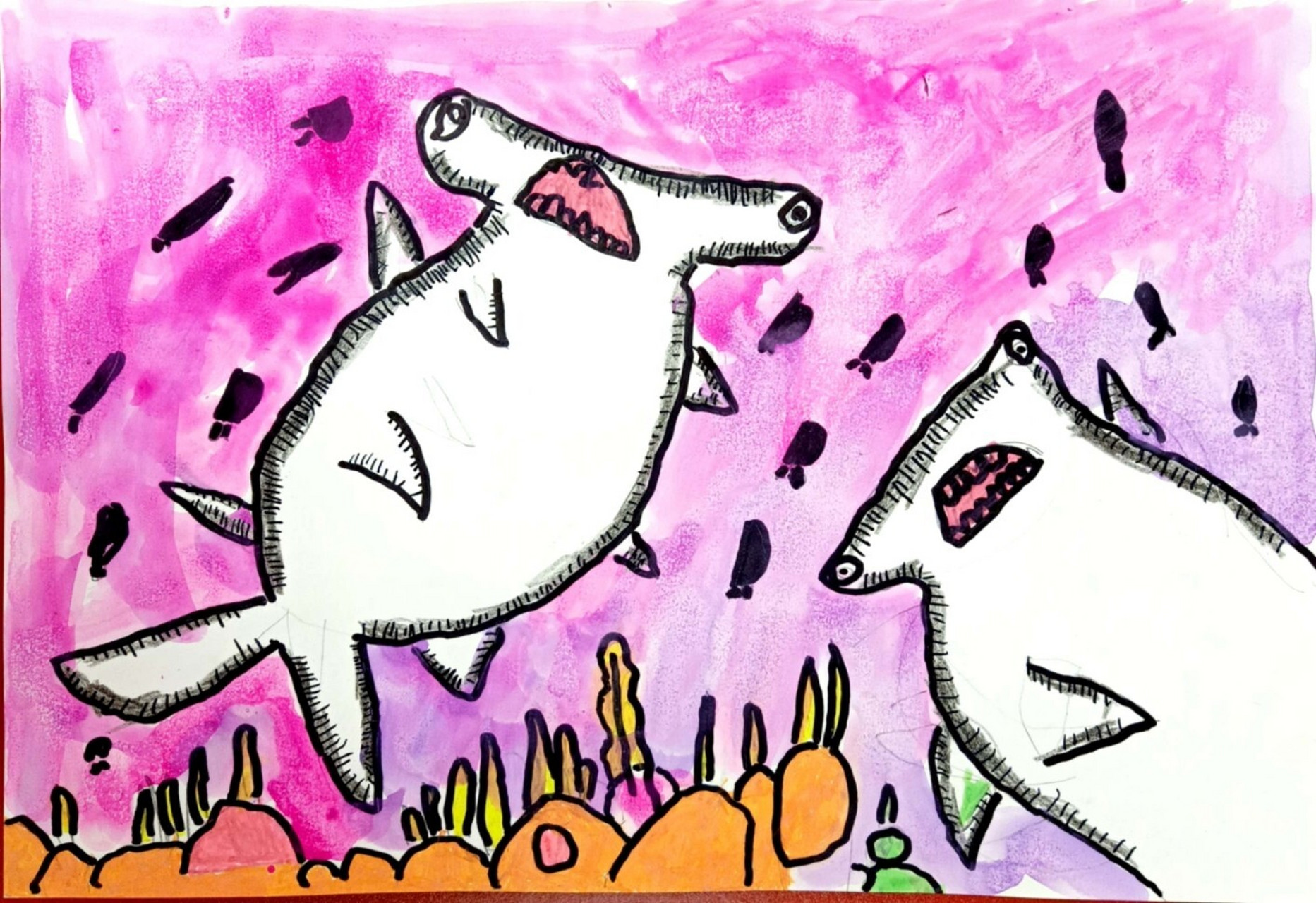 02知道锤头鲨的结构特点,并用绘画表现出来. 2.