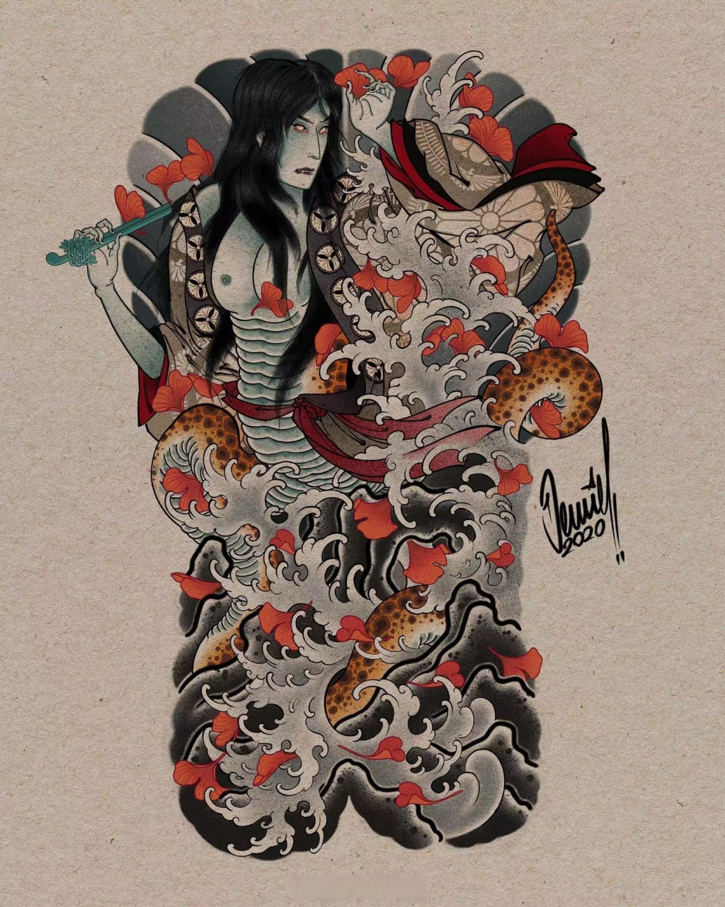 疫情期间,倭国的纹身艺术家创作的满背手稿,名字叫 《河神》.