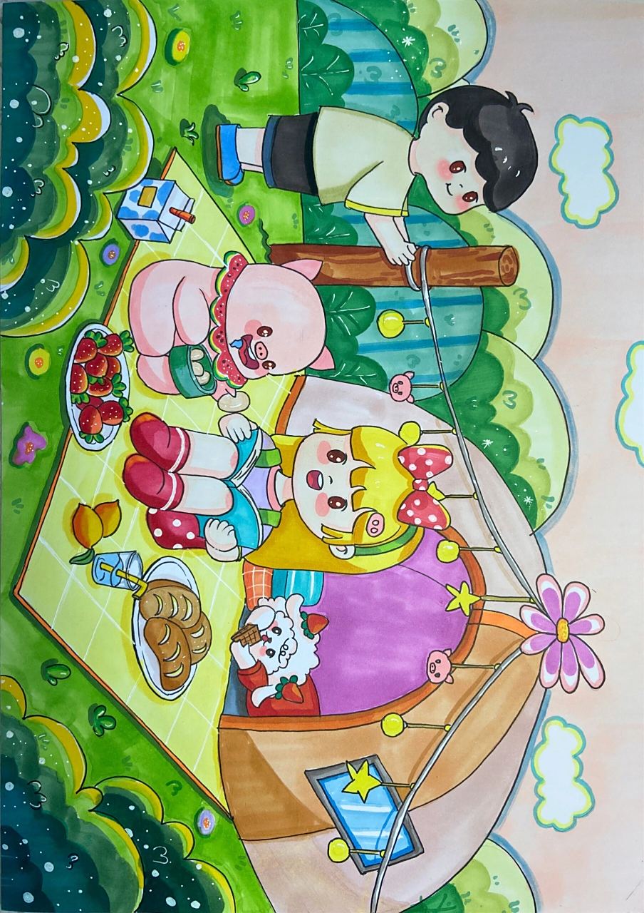 儿童画‖考级 『郊游,野餐,聚会』步骤图 临摹