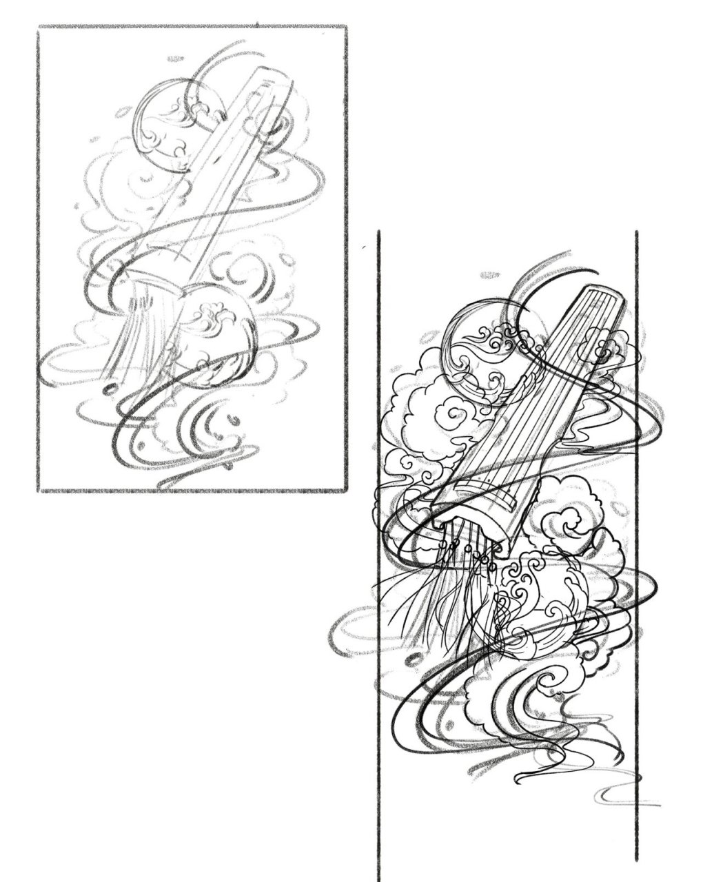 国风插画线稿练习51/100|忘机琴 这一次我感觉草稿更精彩.