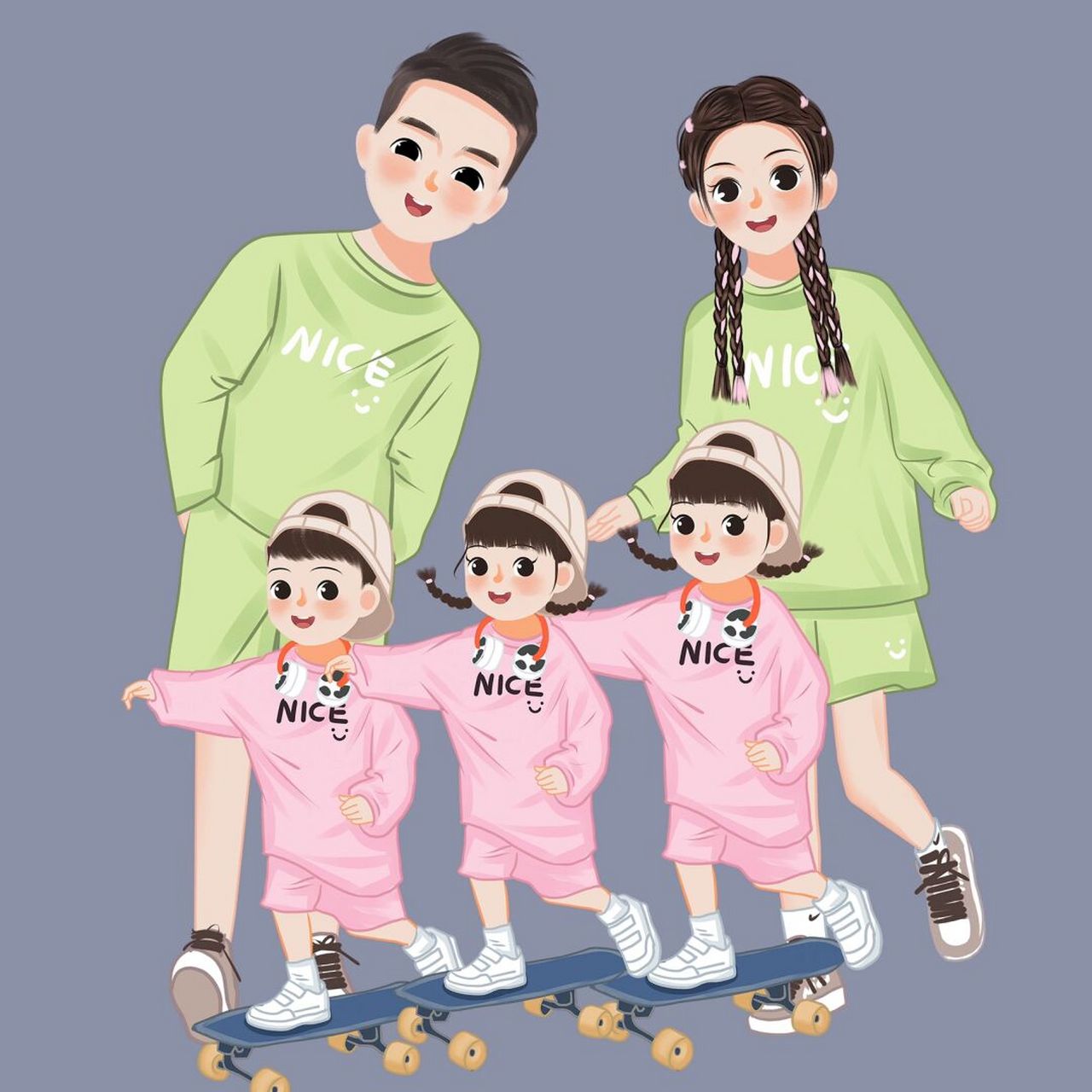 超有爱的一家五口亲子手绘9015好幸福呀9015 溜娃的亲子时光