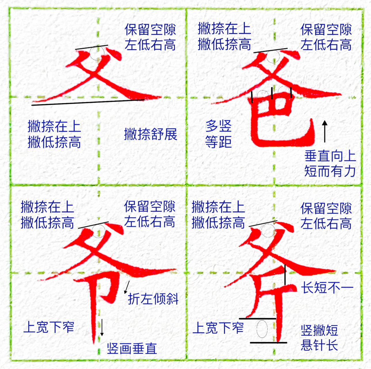 偏旁部首:父字头 父字头的书写口诀: 1.上方撇点要写小 2.