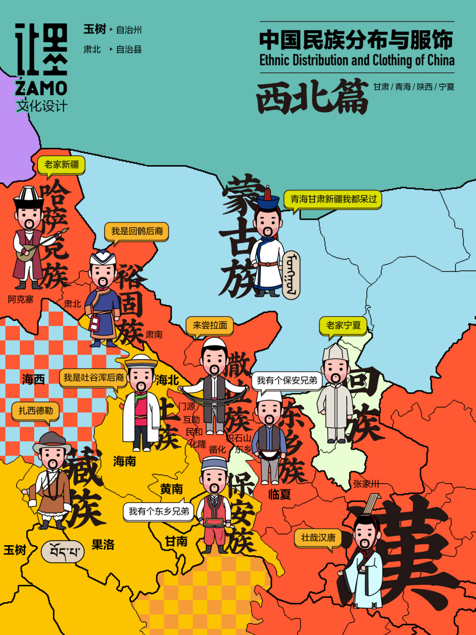让墨:中国56民族分布与服饰(西北篇) 西北(甘青宁陕)地区世居民族主要