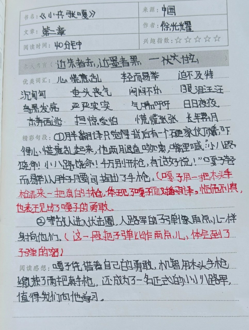 小兵张嘎阅读记录卡图片