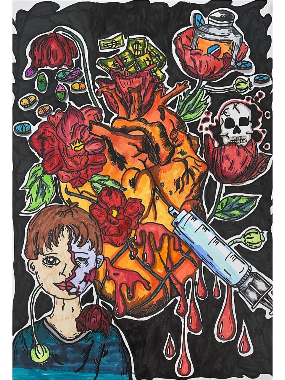 禁毒绘画作品    两幅不同年龄段参赛作品,都已获奖