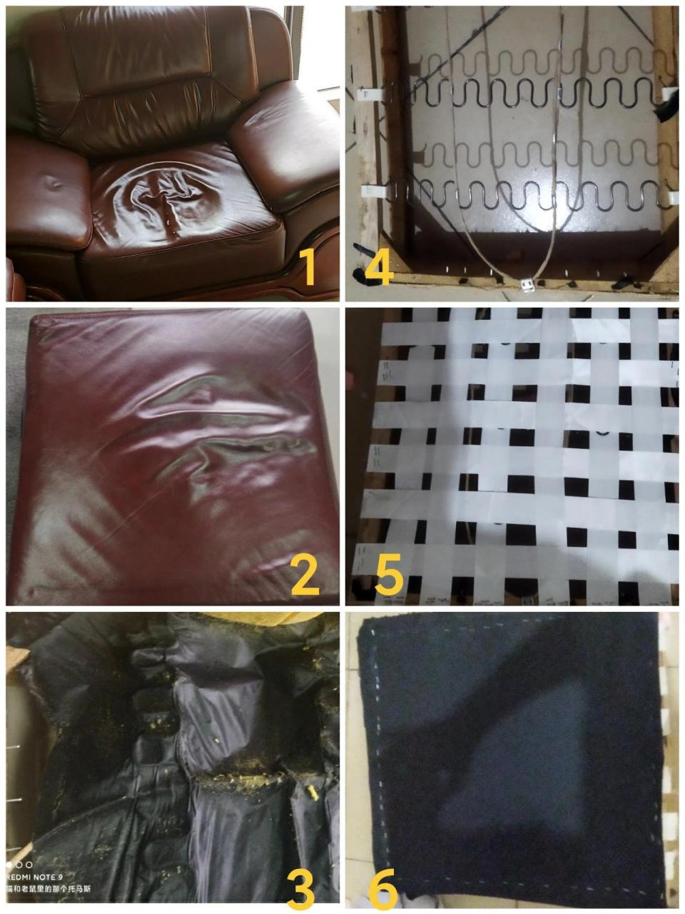 沙发塌陷修复教程(简单易学) 1 拆沙发脚,拆封底布,拆螺丝,分离坐垫.