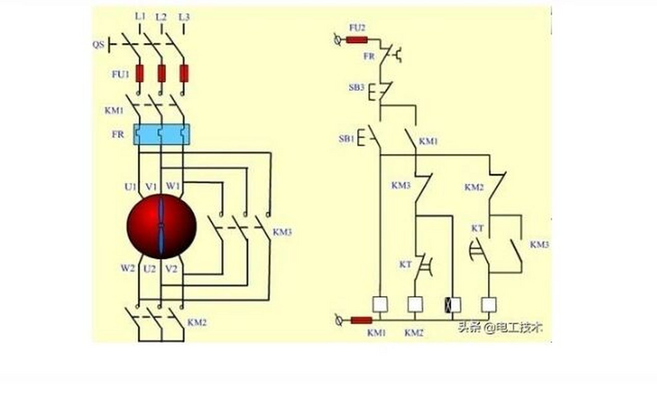 电机星三角降压启动原理电路图分析及实物接线图详解 下图所示为异步