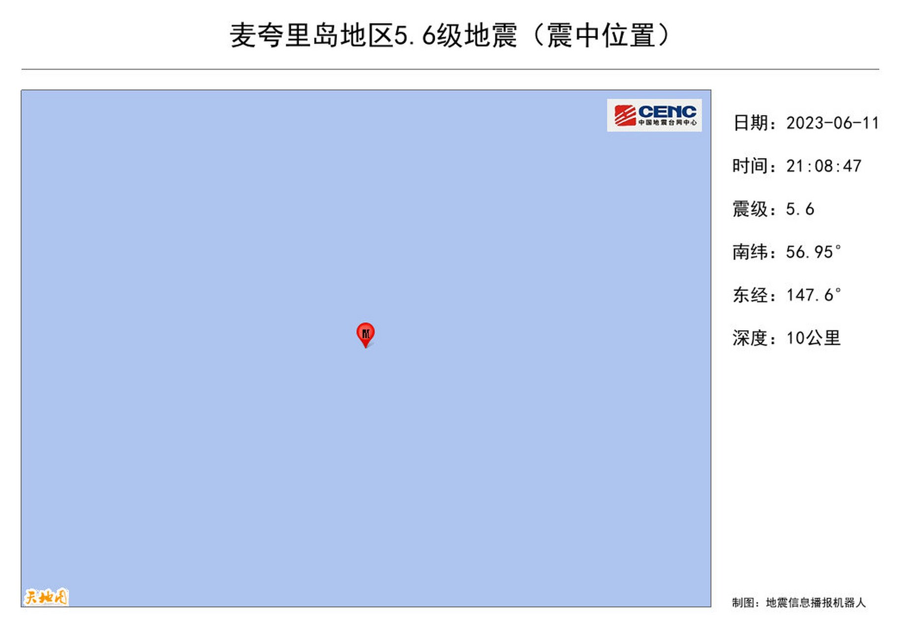 据中国地震台网正式测定,6月11日21时8分在麦夸里岛地区发生5.