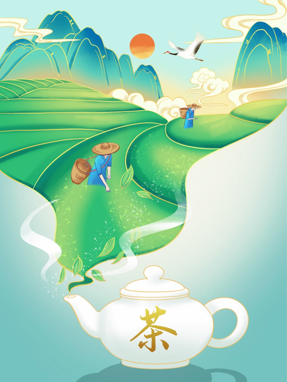 中国风茶叶包装设计|茶园采茶插画 中国风国潮茶叶包装插画,原创插画