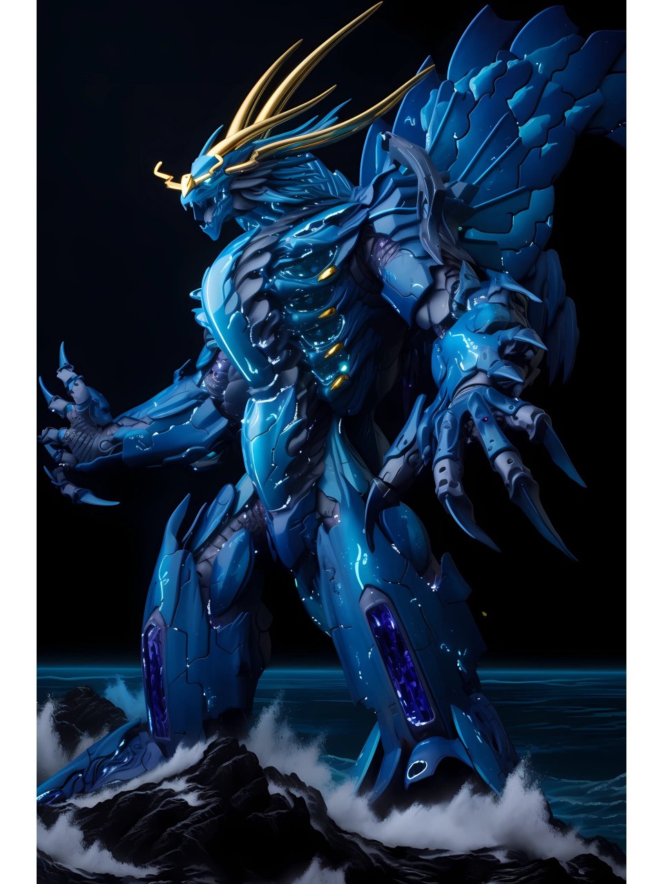 神兽机甲系列-青龙 五行之木-青龙,以青色金色为主,闪电和海浪为装饰