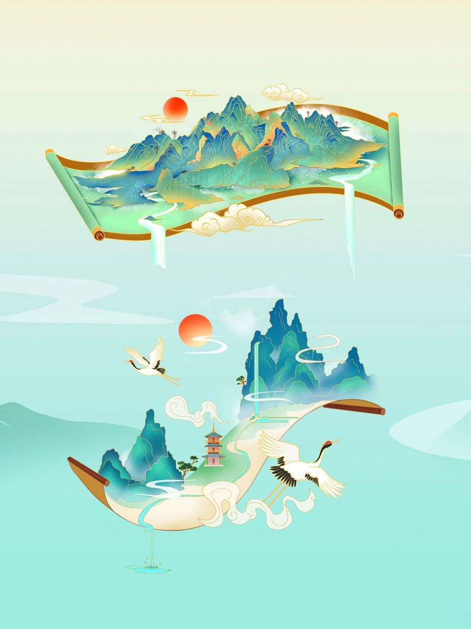 古风97卷轴山水免抠素材 97今日分享一组国潮古风卷轴免扣 	 73