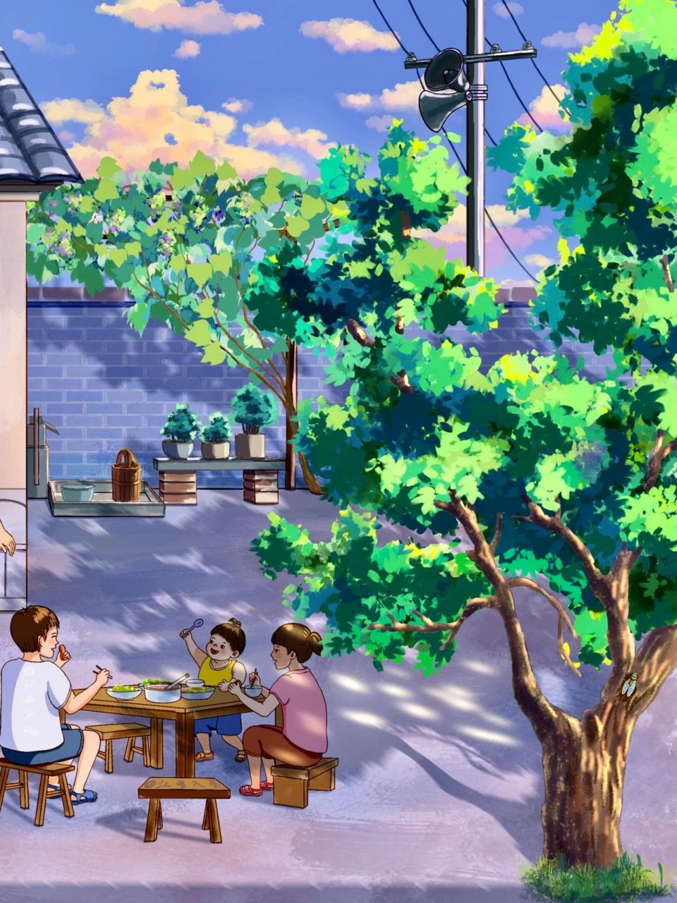 57/100童年回忆系列插画《乡下人家》 下午画画,小外甥说像他们课本上