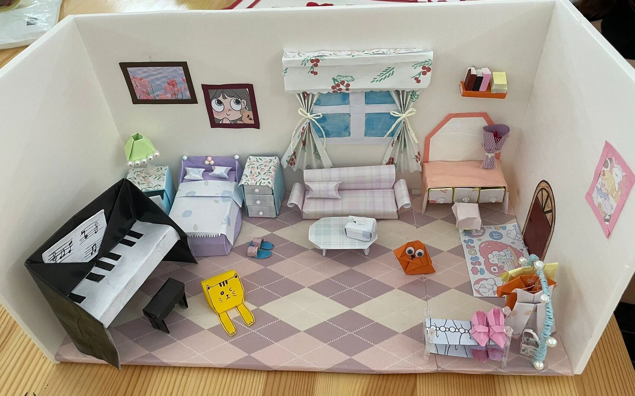 折纸作品 娃娃家 迷你娃娃家折纸场景跟着94教程学习的墙壁和地面等