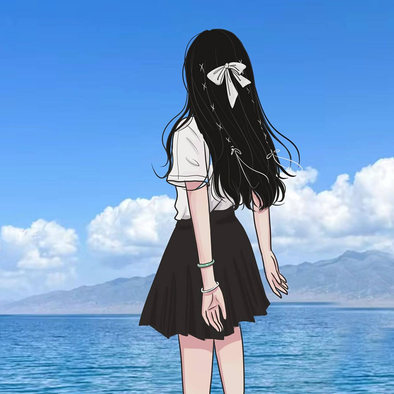 海边背影女生头像|手绘 动漫女生头像背影|每日一画|14 喜欢可用于