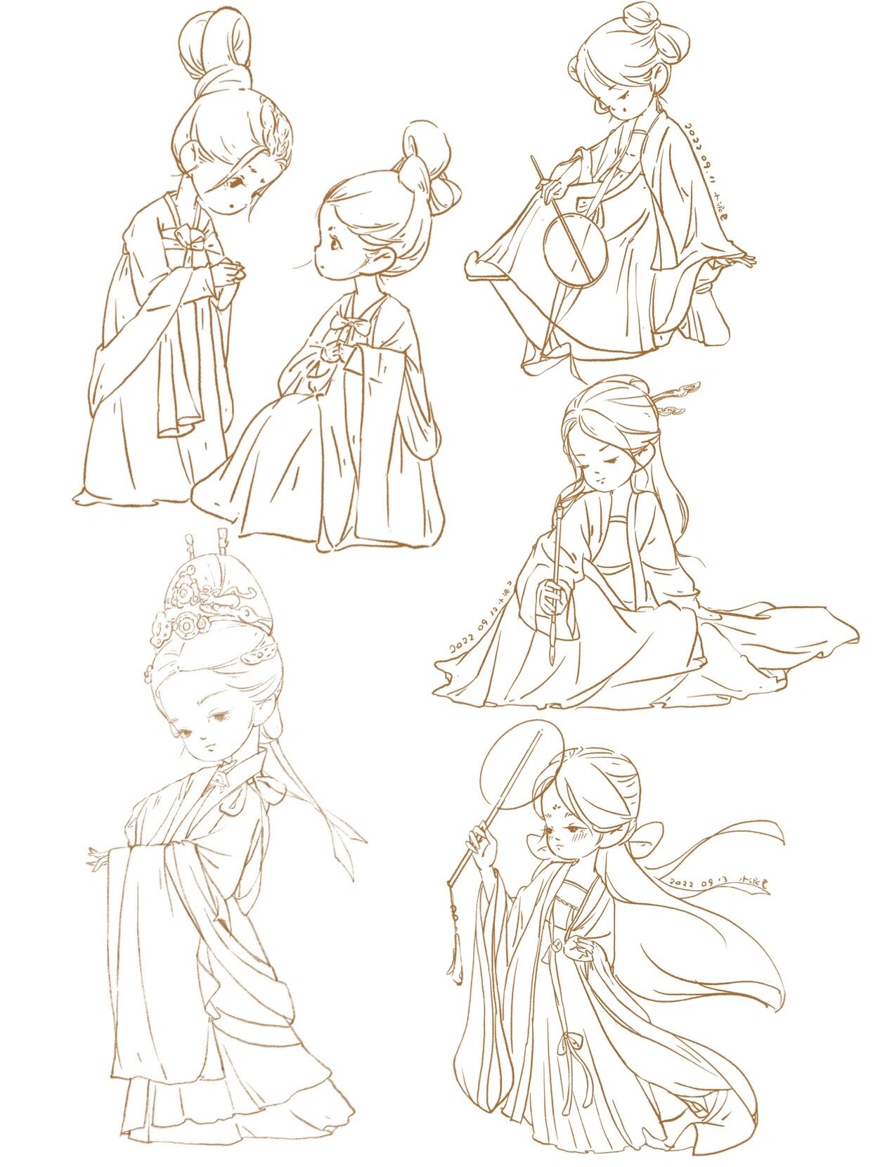 近期古风小人线稿合集,五选一上色!