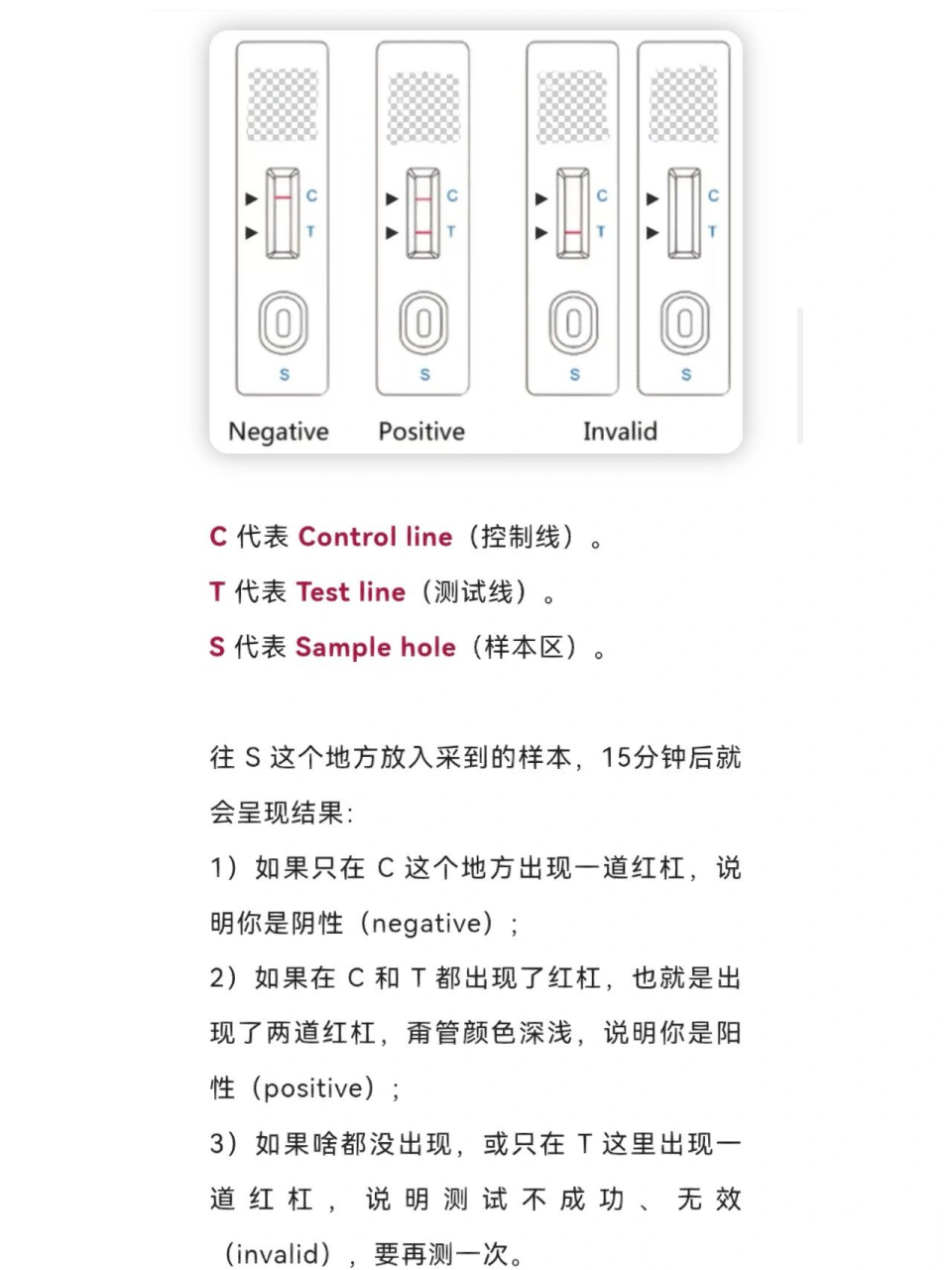 新冠抗原试剂盒上的 c,t,s分别代表什么?