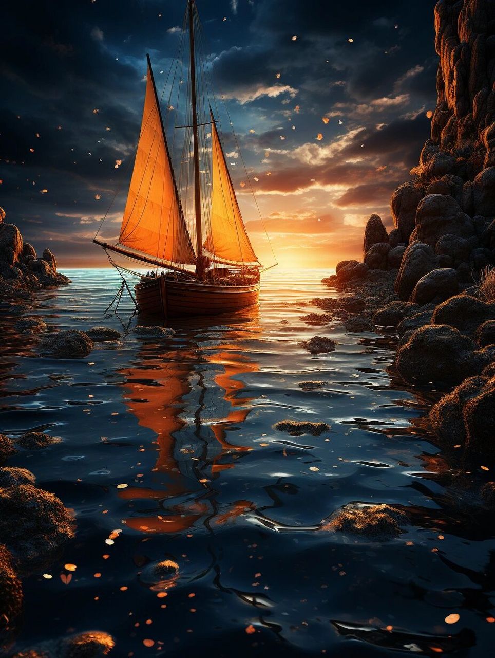 photo of a small sailboat in the night sea, acalm sea, the stars