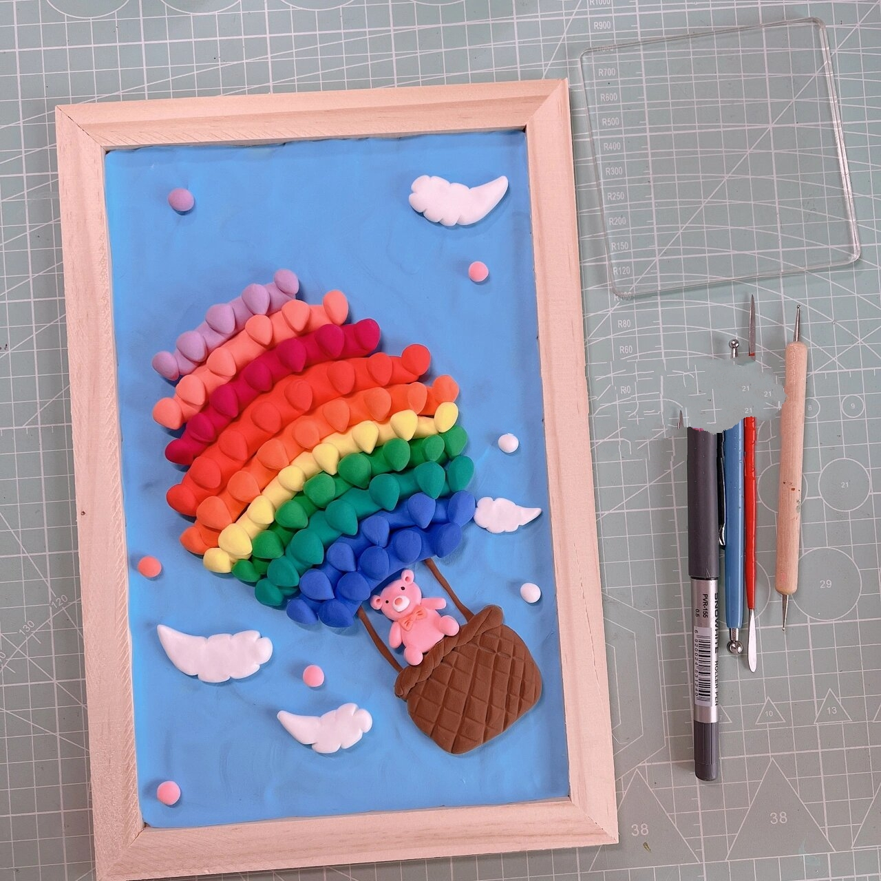 热气球小熊超轻粘土黏土浮雕画相框木框a4 尺寸:20×30厘米木框