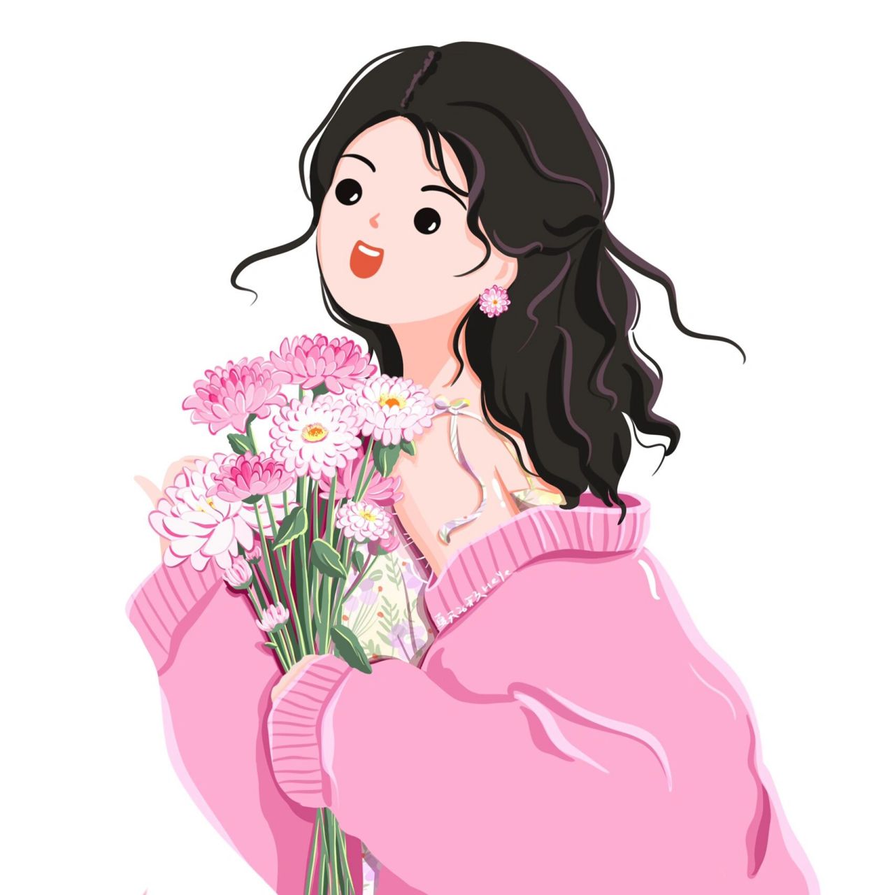 插画头像 | 拿雏菊花的可爱女生 | 无腮红版 一束粉白雏菊花,谢谢所有