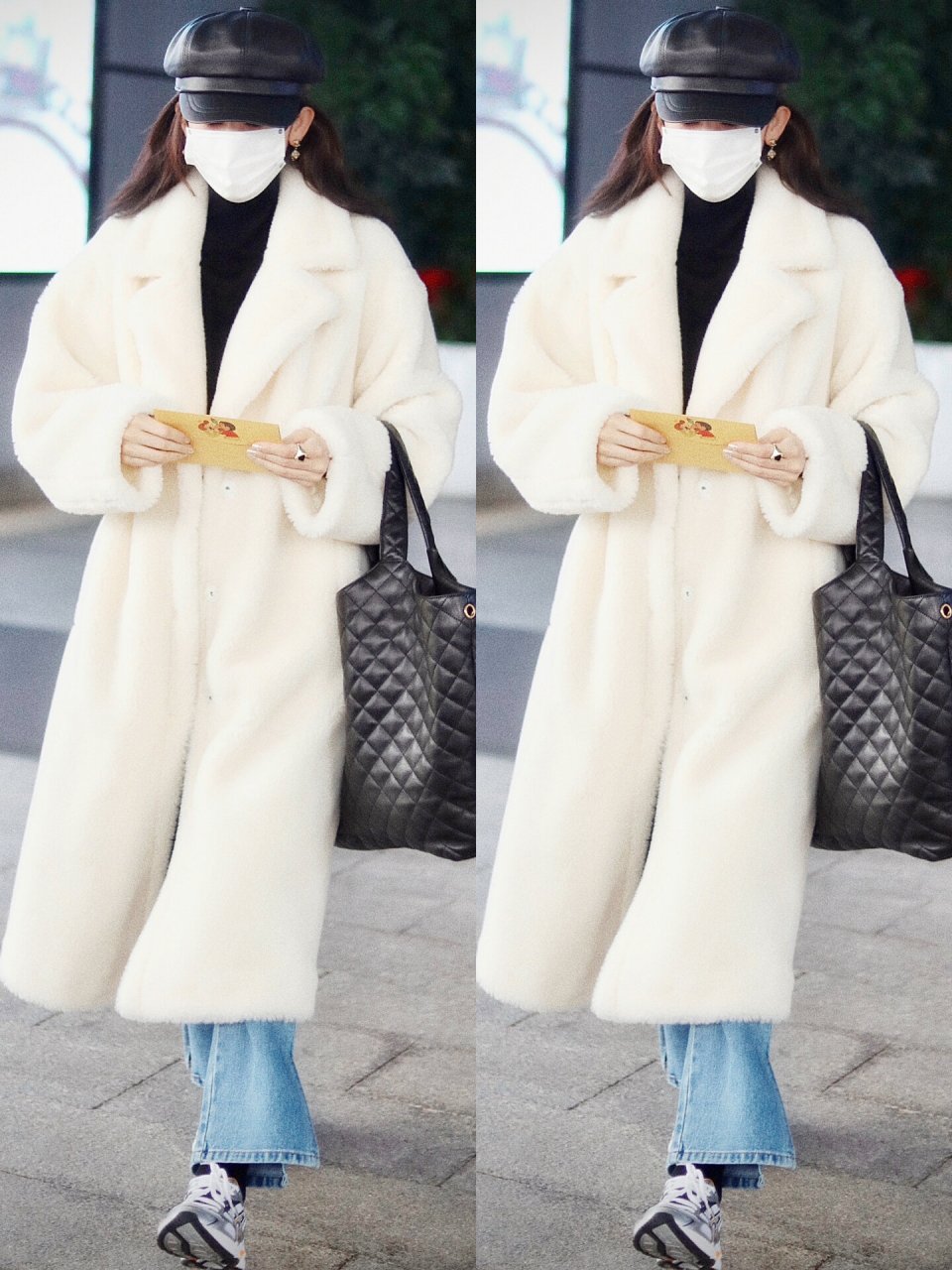 娜扎今日私服,保暖舒适的冬日穿搭 古力娜扎221229机场私服,白色毛绒