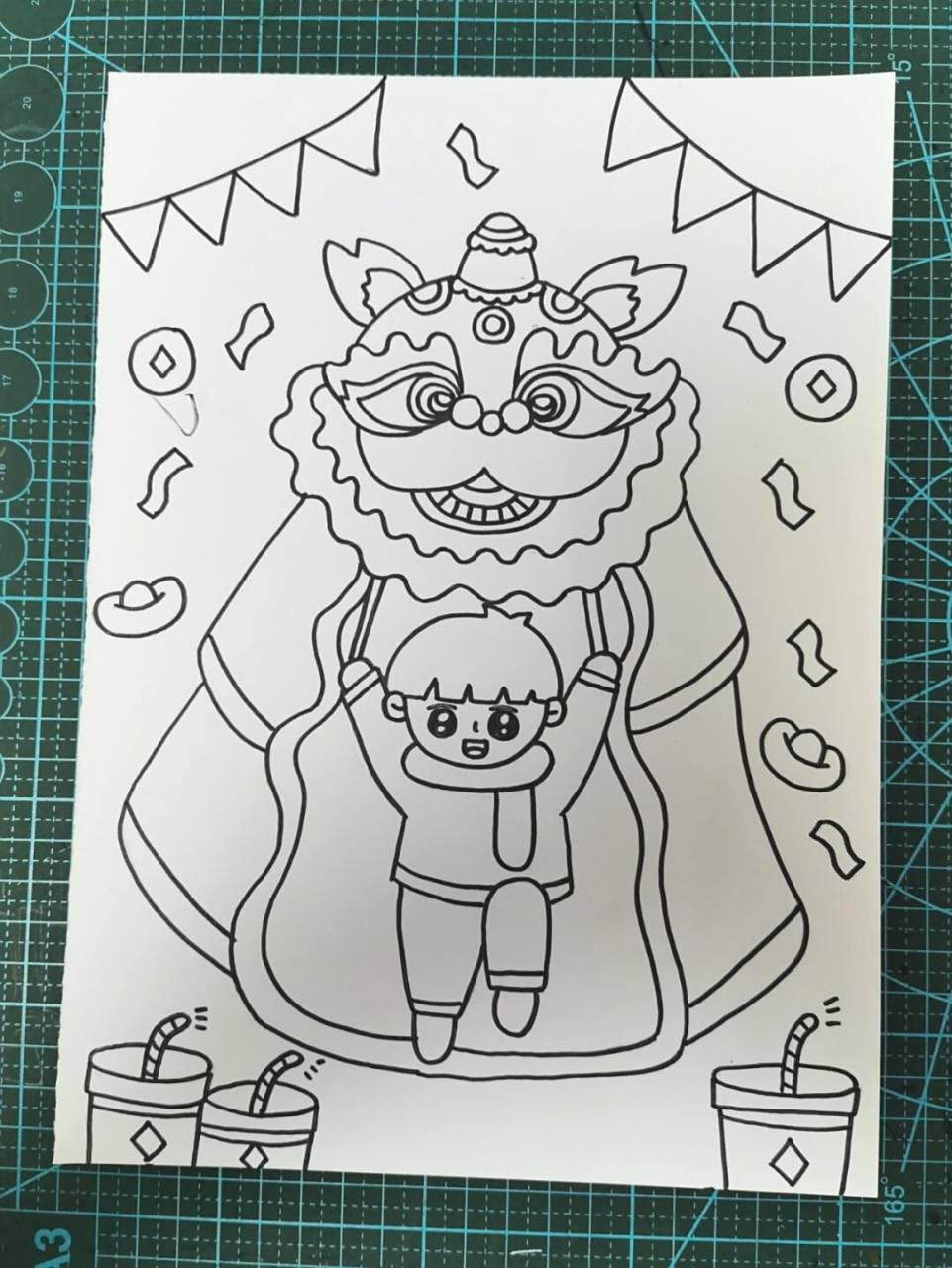 新年主题儿童画 男孩舞狮图 a5尺寸, 马克笔绘制,有线稿图#儿童主题画