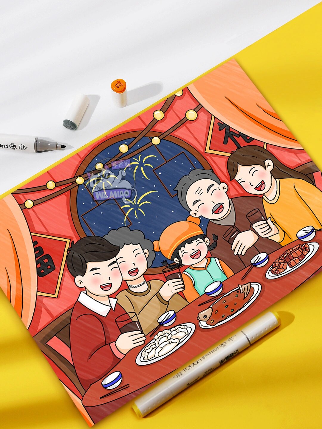 新年全家福儿童画女孩78