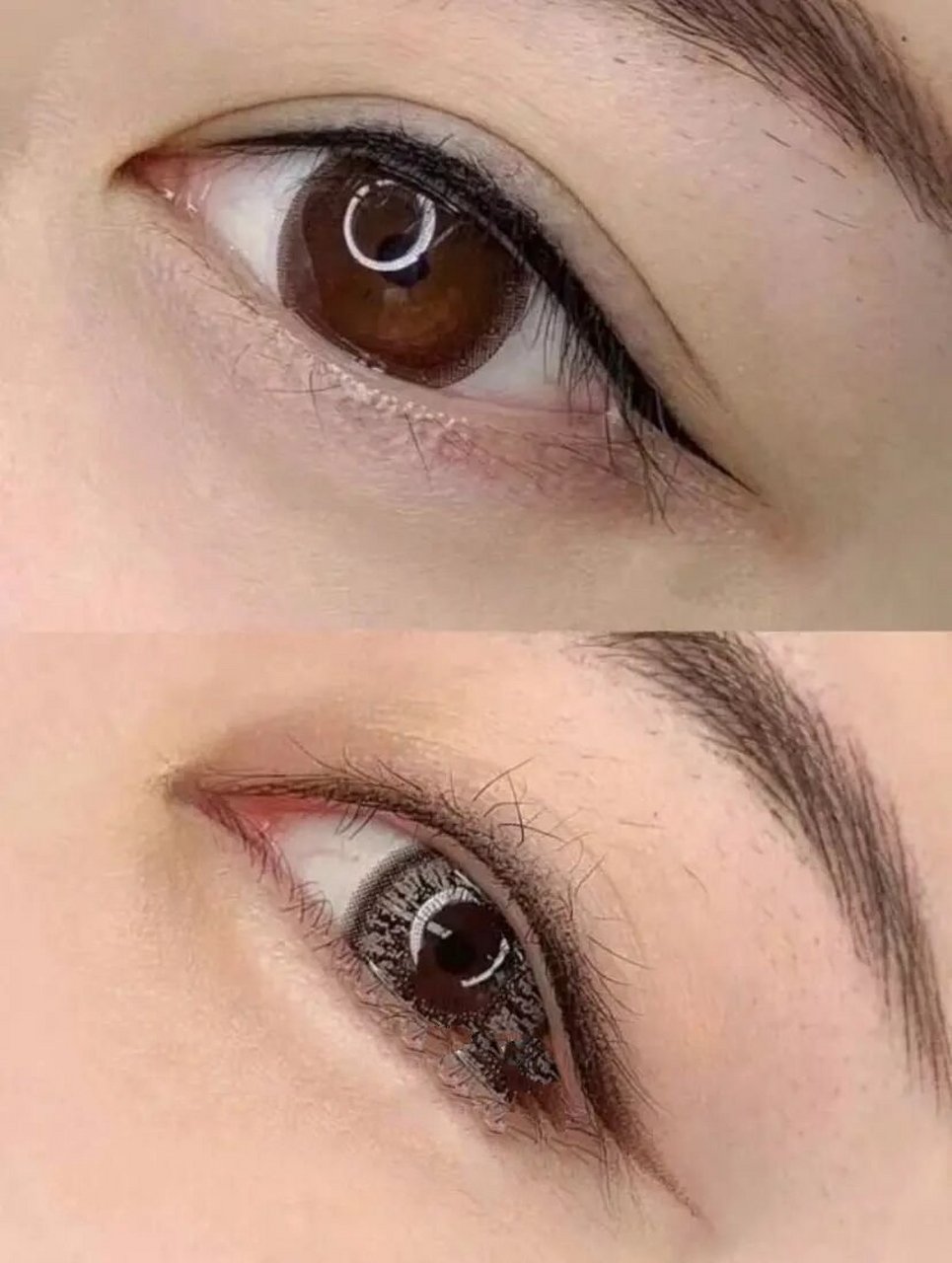 最新沙雾美瞳线和传统眼线对比 纱雾眼线优势:刚纹完就很自然 ,几乎不