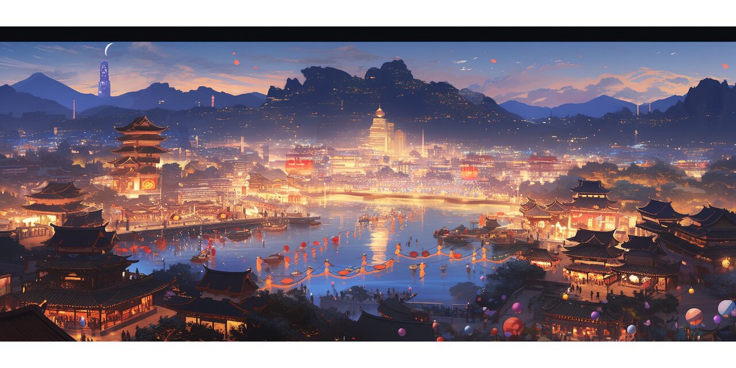 古风城市夜景 2|4k超清壁纸 湖上西风斜日,荷花落尽残英.