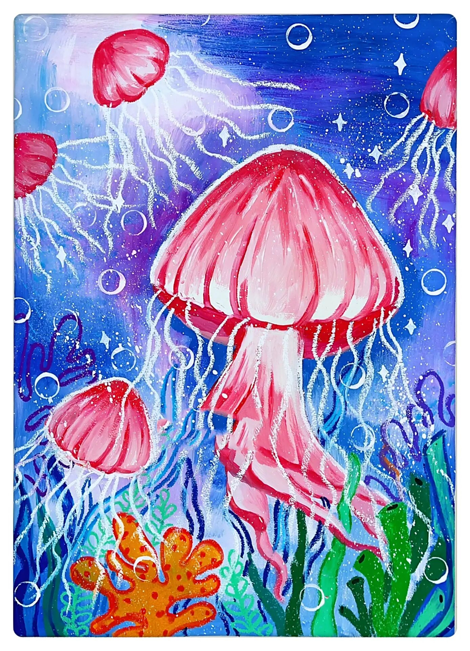 7-9岁《水母》儿童水粉创意画