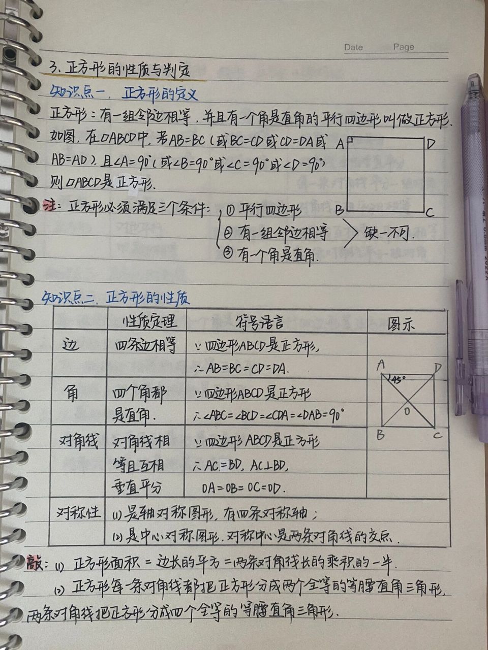初中数学/笔记北师版九年级第一章正方形 正方形的定义,性质,以及判定