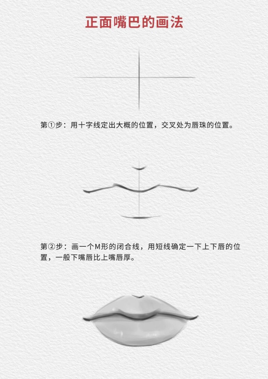 板绘|嘴巴👄的画法 正面嘴巴的画法: 第①步:用十字线定出大概的位