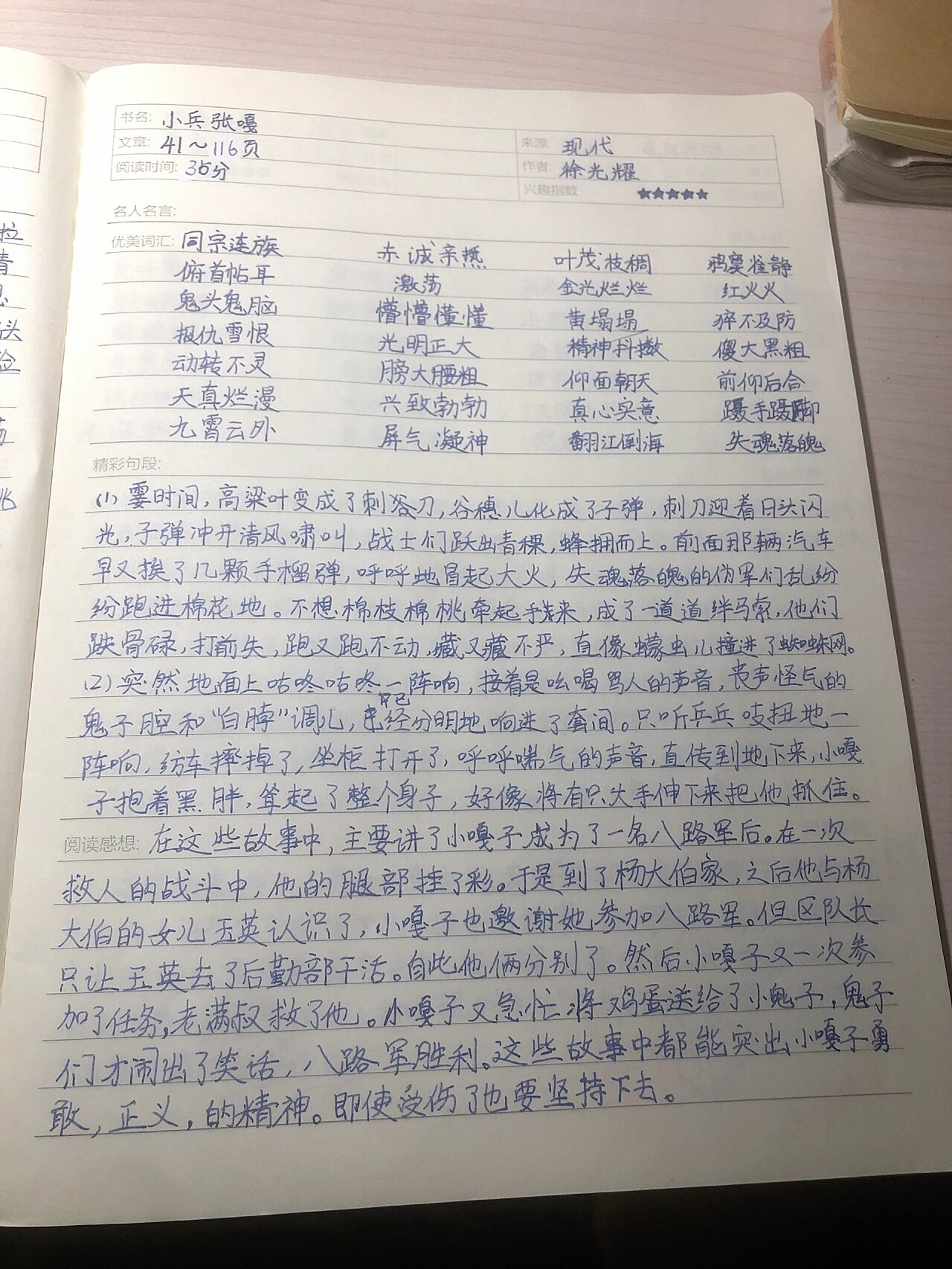 小兵张嘎读书笔记摘抄图片